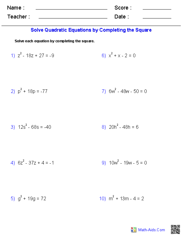 Quadratic Equation by Completing the Square Worksheet