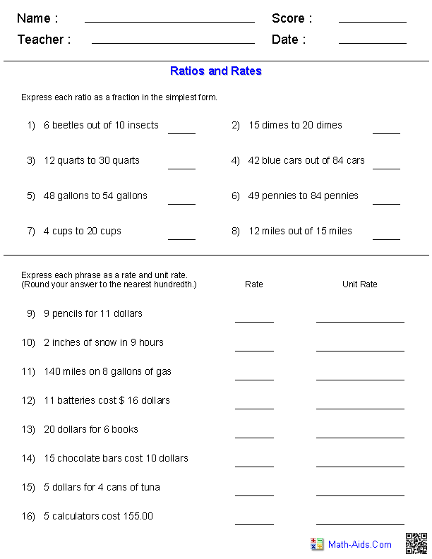 Ratios and Rates Worksheet Answers