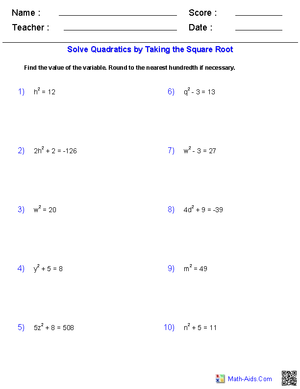 Solving Square Root Equations Worksheet