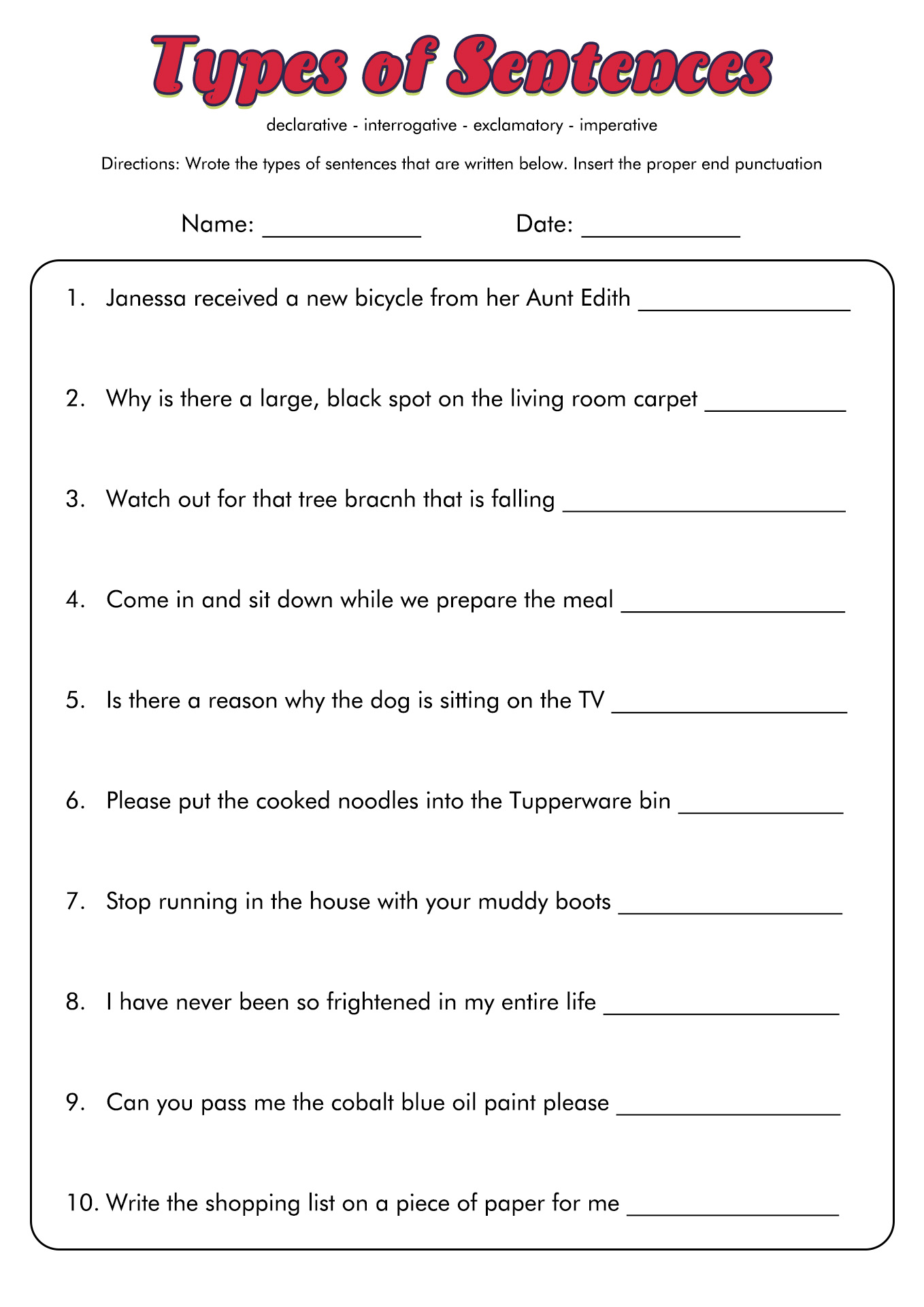 Weekly Grammar Worksheet Four Types Of Sentence Structure