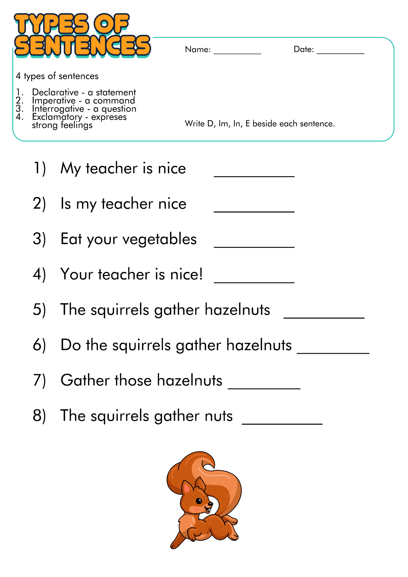 4 Types Of Sentences Printable Worksheet
