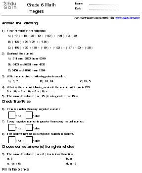 6th Grade Math Worksheets Integers