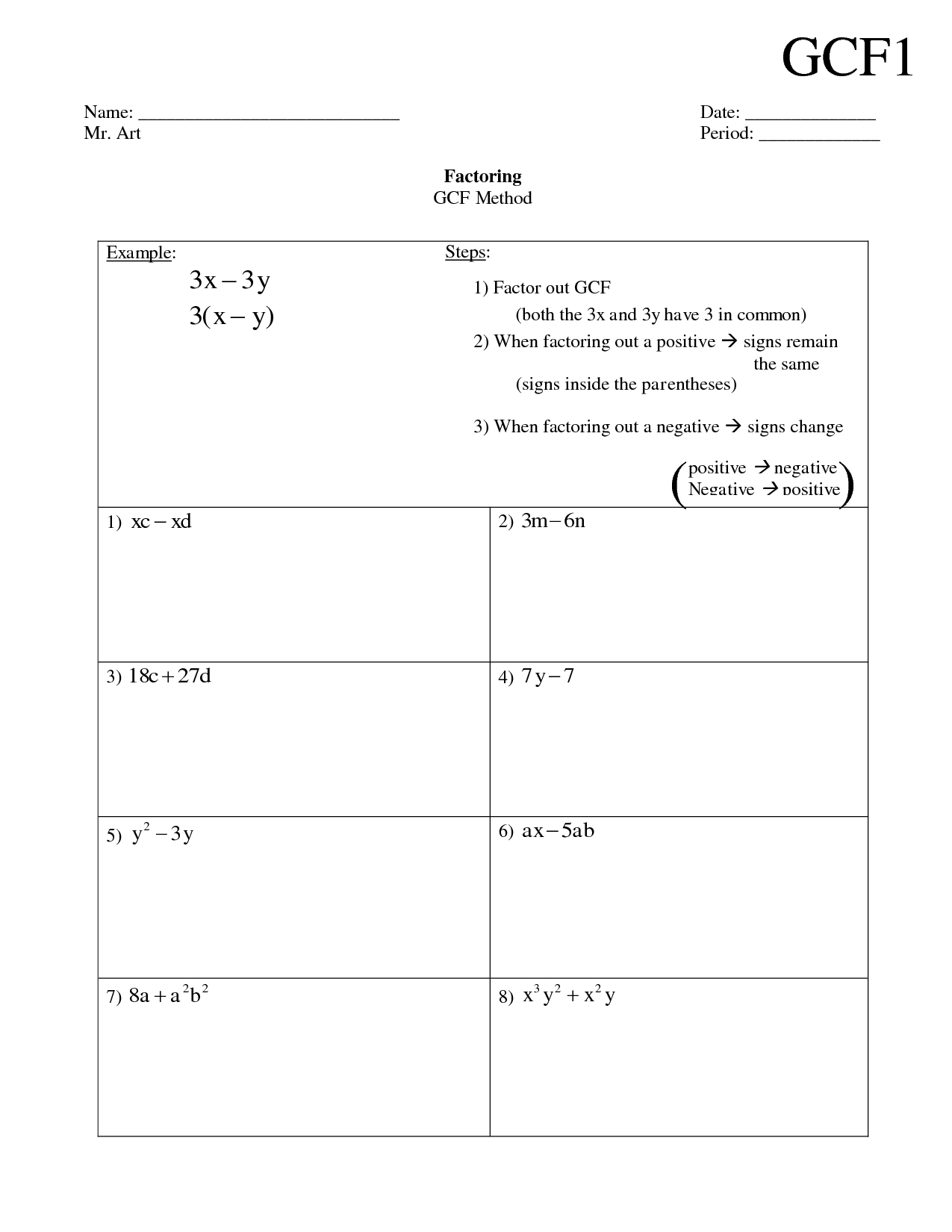 Factoring Greatest Common Factor Worksheet