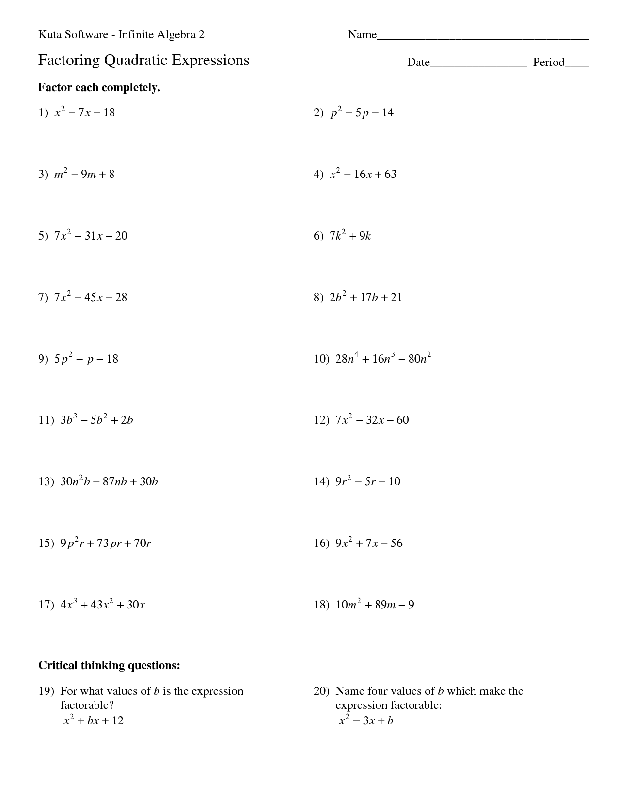 Factoring Quadratic Equations Worksheet Answers