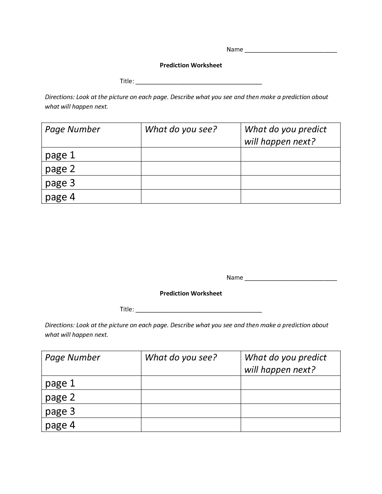 Making Predictions Worksheets