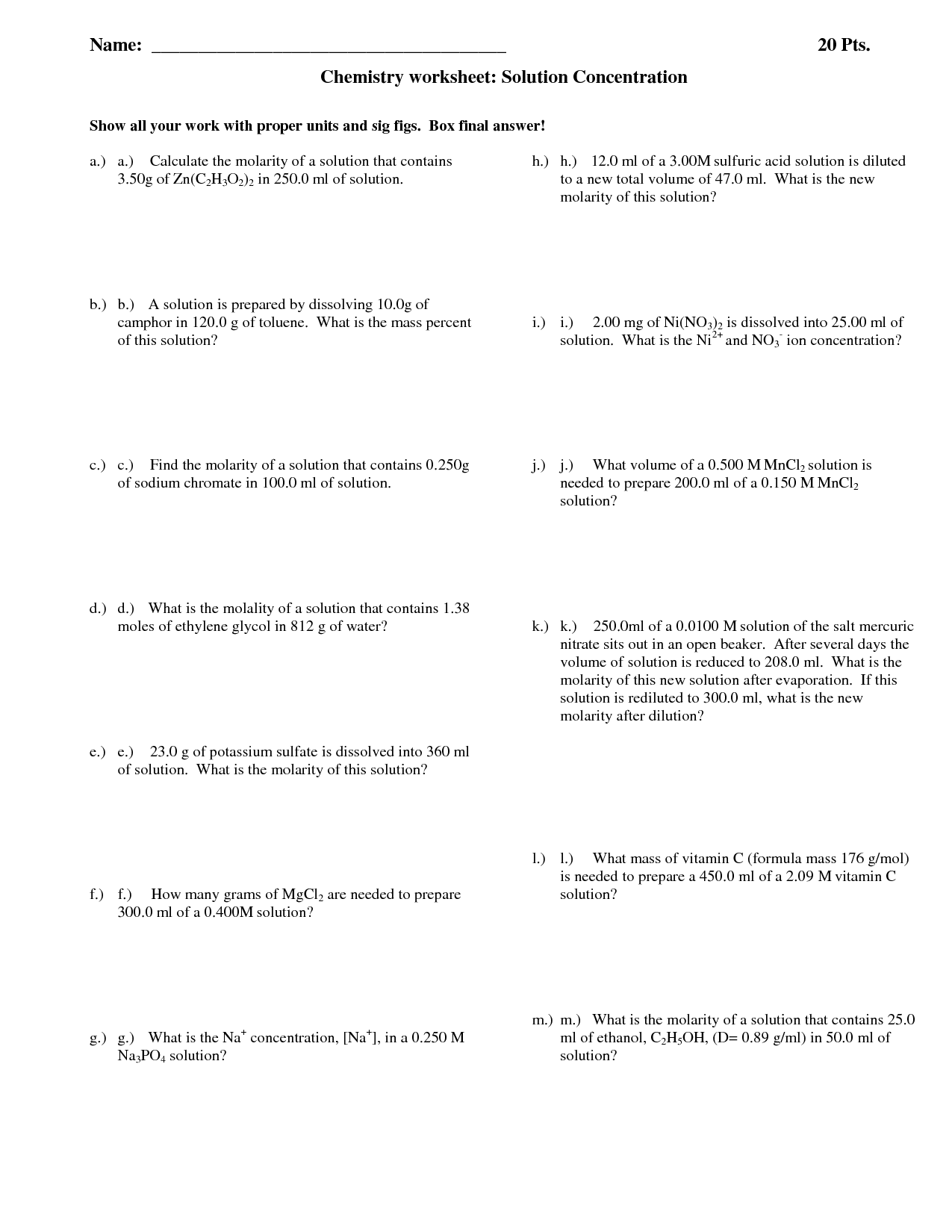 7 Molarity Worksheet With Answers Worksheeto