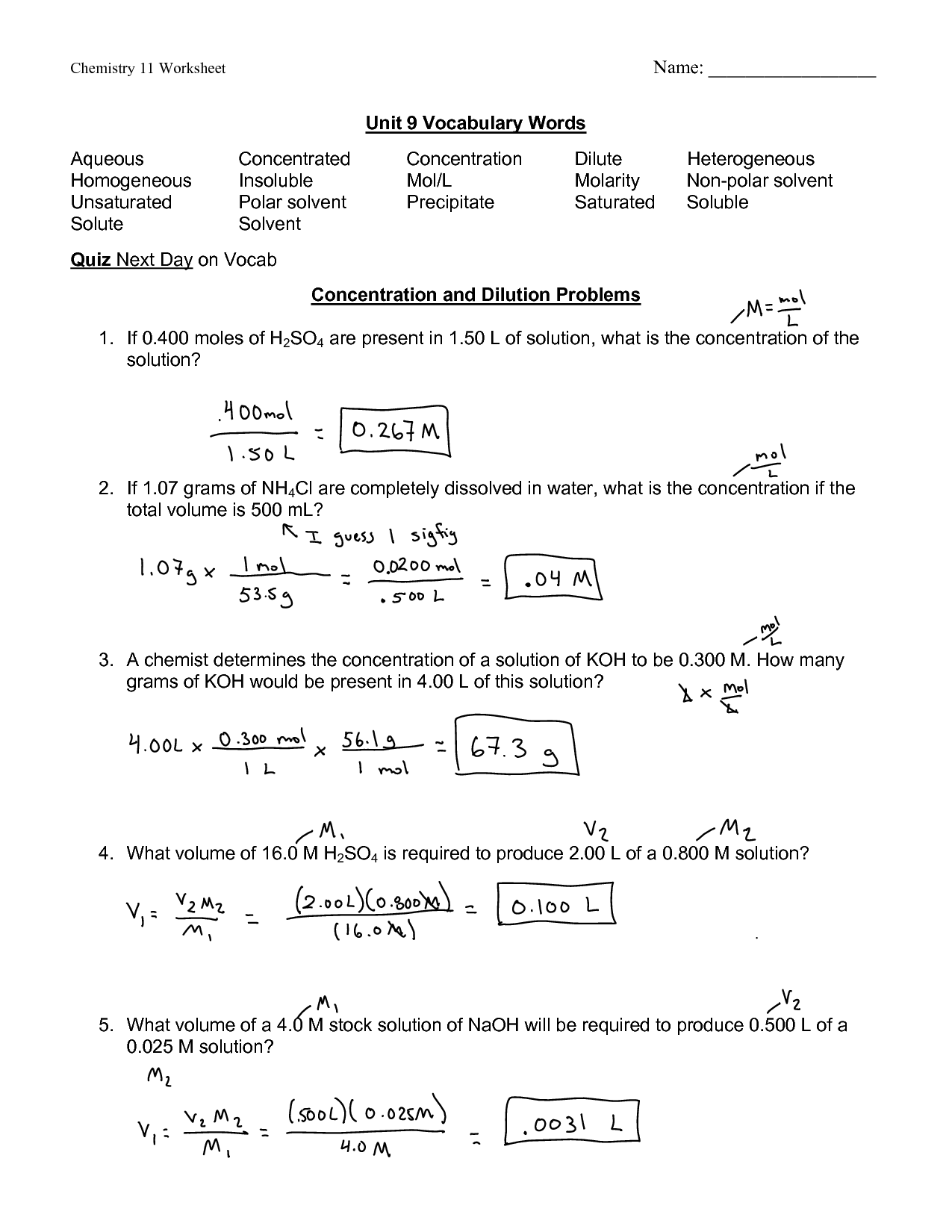 Molar Calculations Worksheet Answers