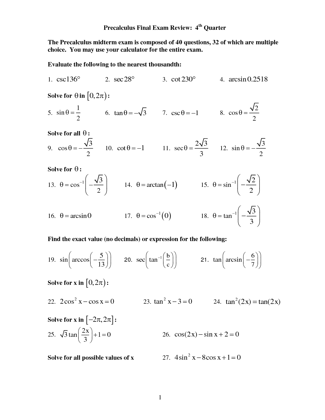12 Best Images of Pre Calculus Worksheets / worksheeto com