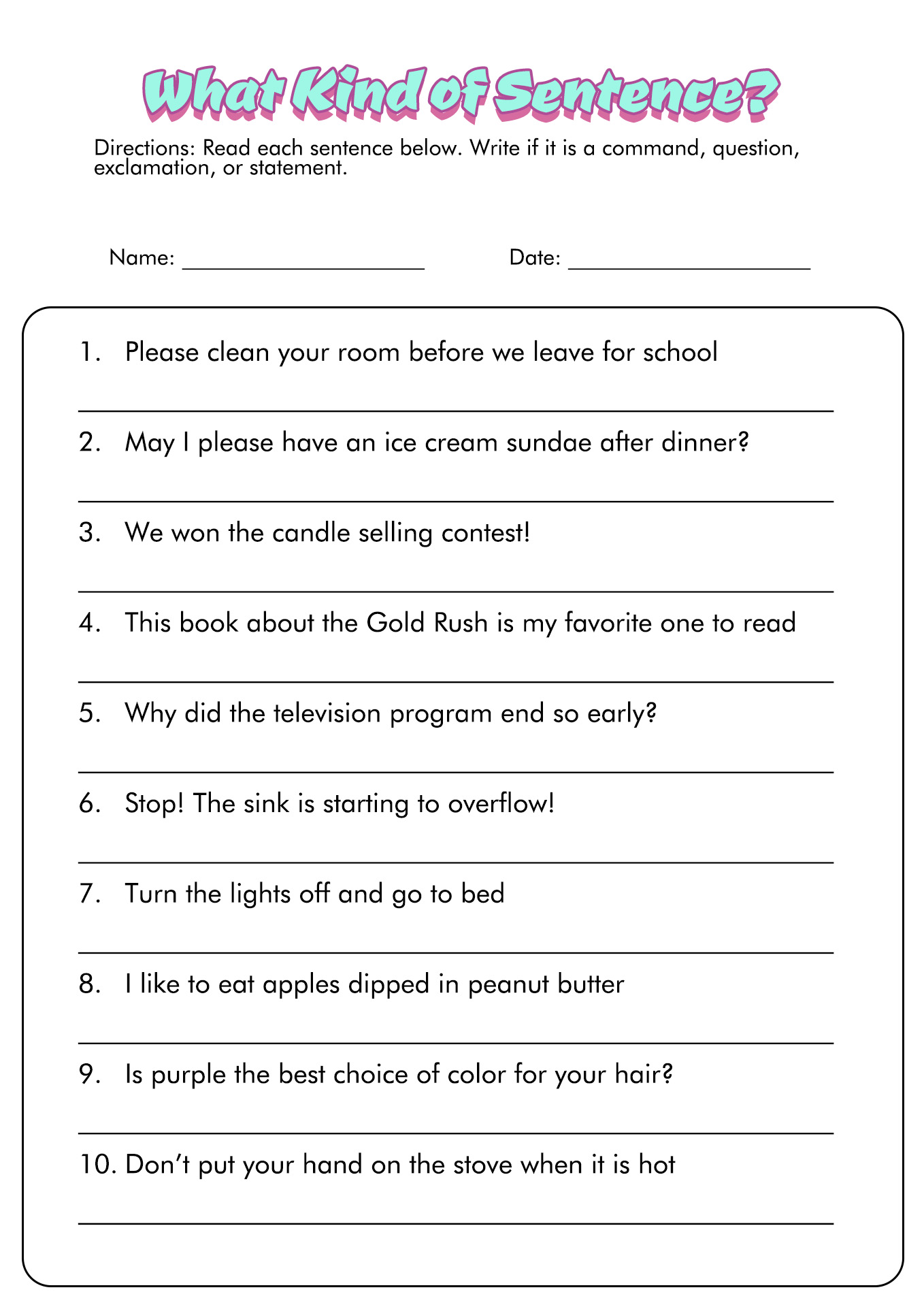 Different Sentence For Class 3 Worksheets