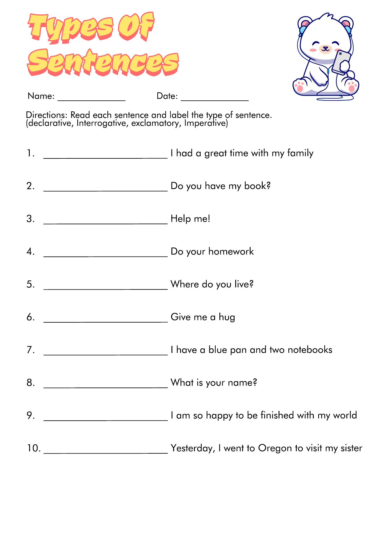 4 Types Of Sentences Worksheet Grade 1