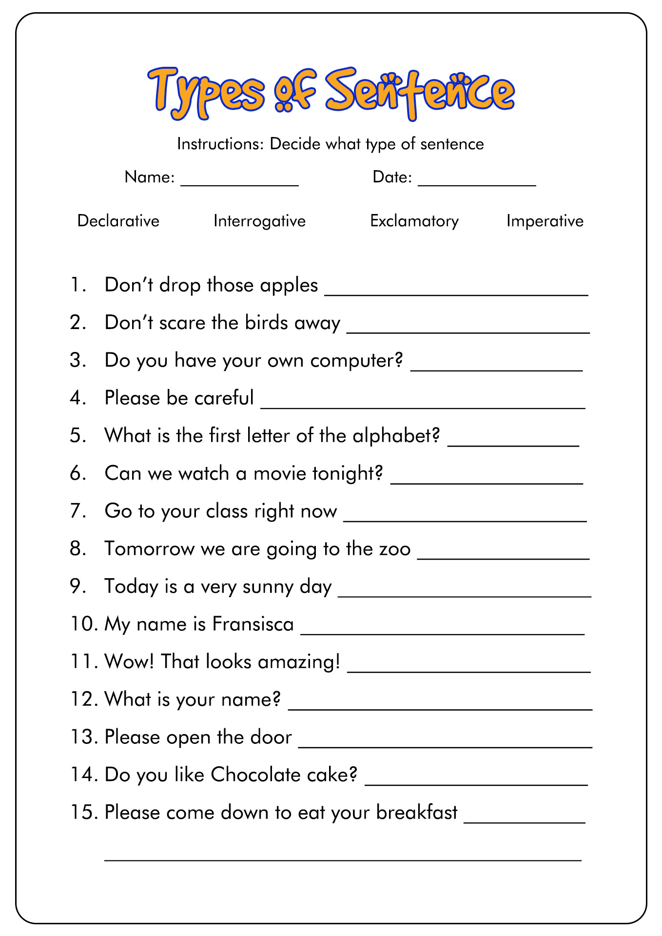 Printable Sentences Worksheets