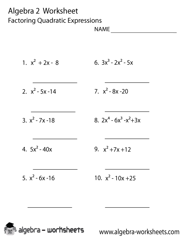 Algebra 2 Quadratic Equations Worksheet