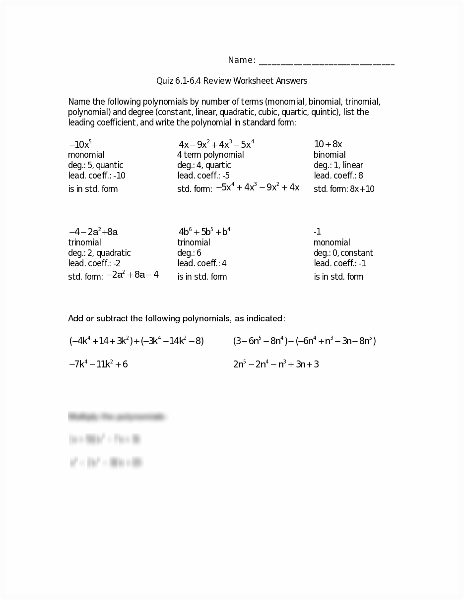 Algebra 2 Worksheets with Answers 1-6