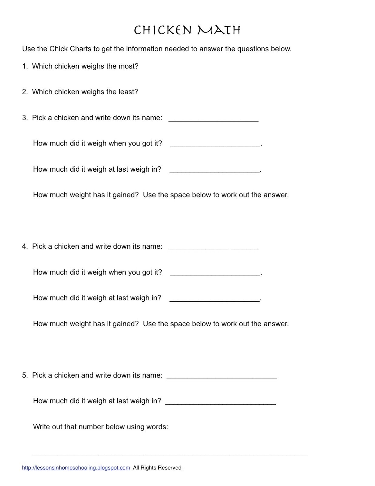 Chicken Math Worksheets