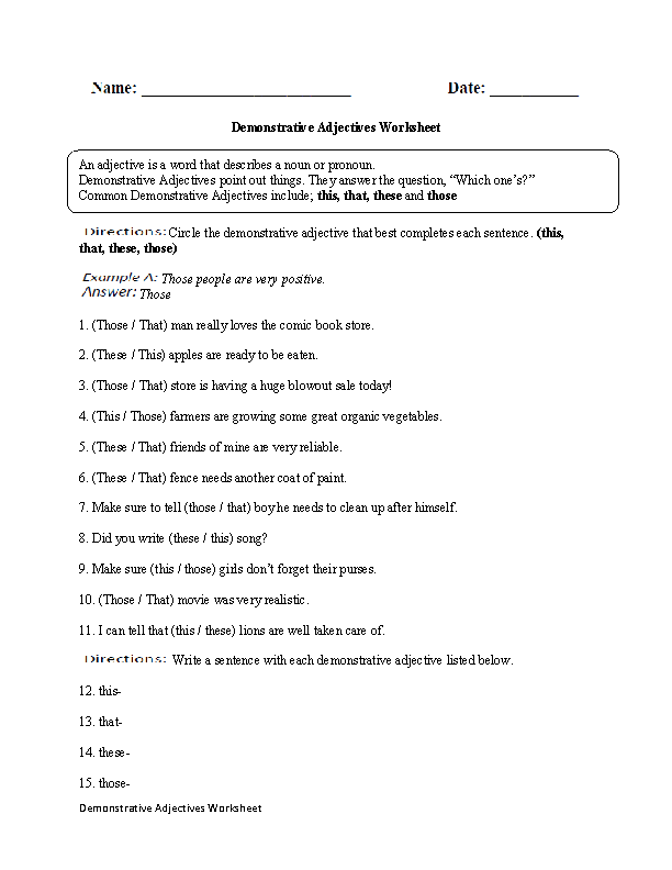 Demonstrative Adjectives Worksheets