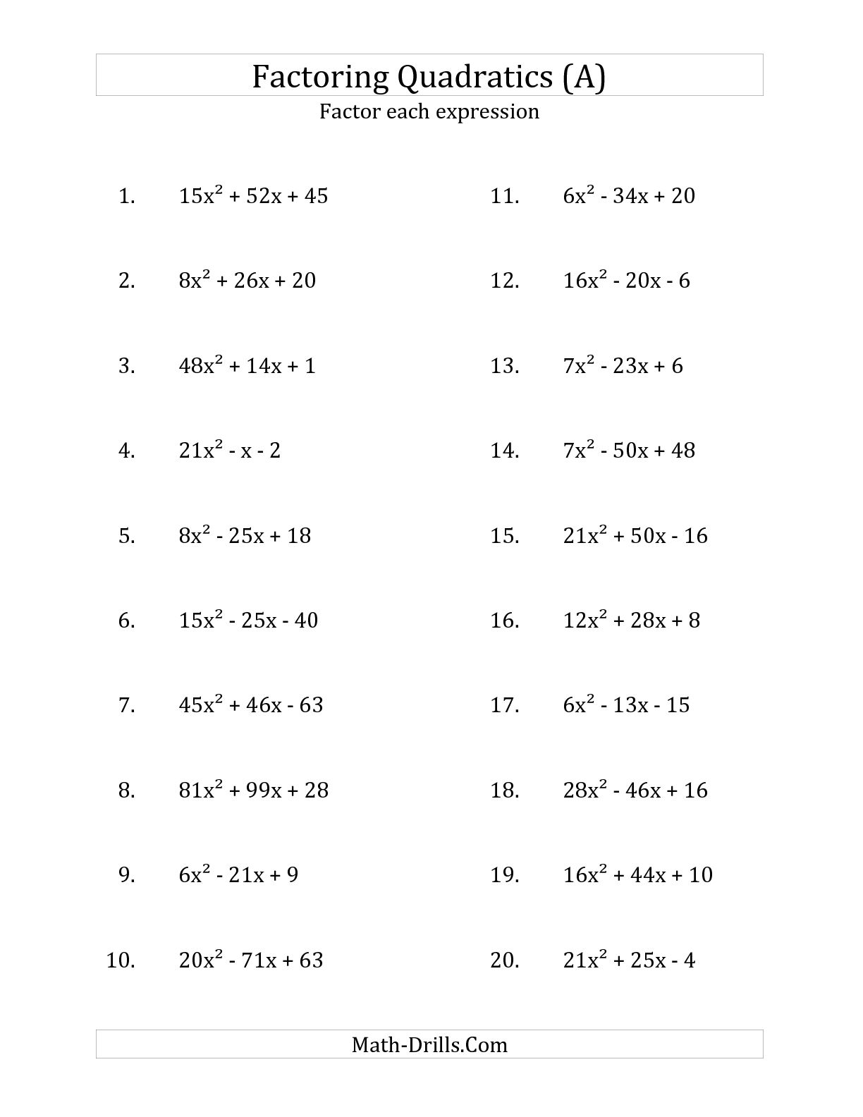 Factoring Quadratic Expressions Worksheet