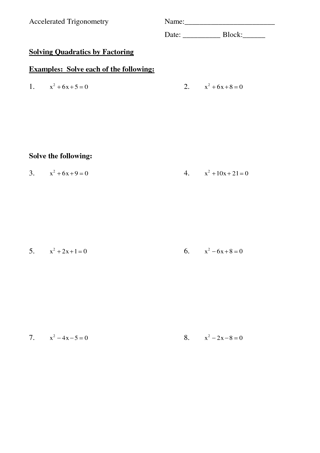 Factoring Quadratic Expressions Worksheet