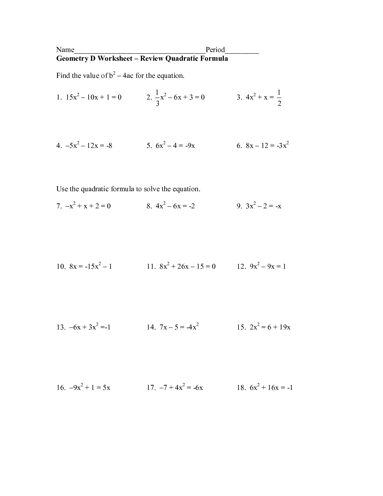 Formula Quadratic Equation Worksheets Answers