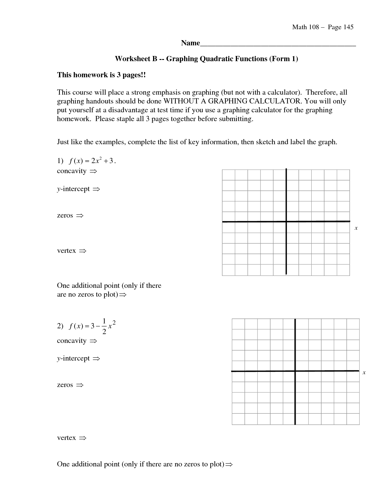 Graphing Quadratic Functions Worksheet