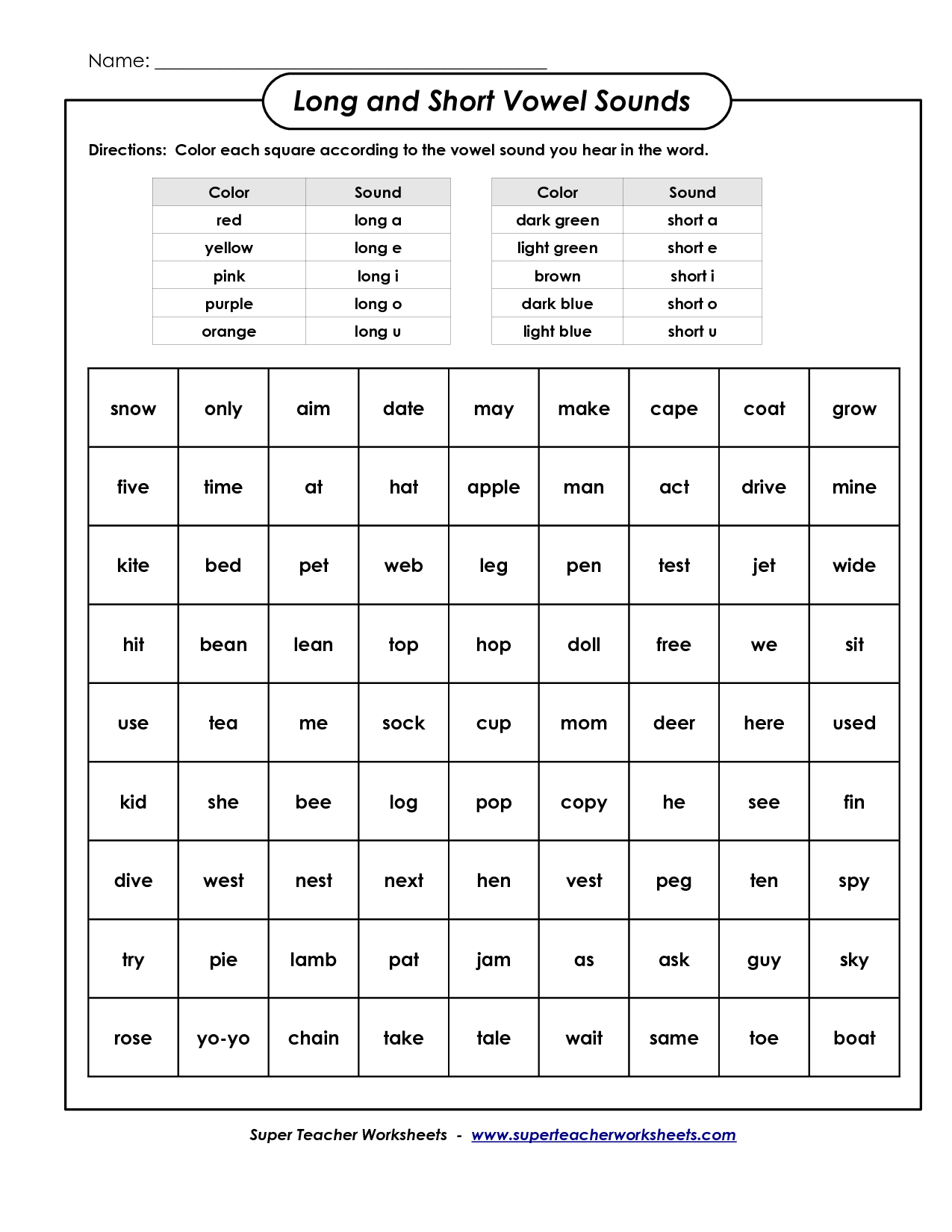 Long and Short Vowel Coloring Worksheet