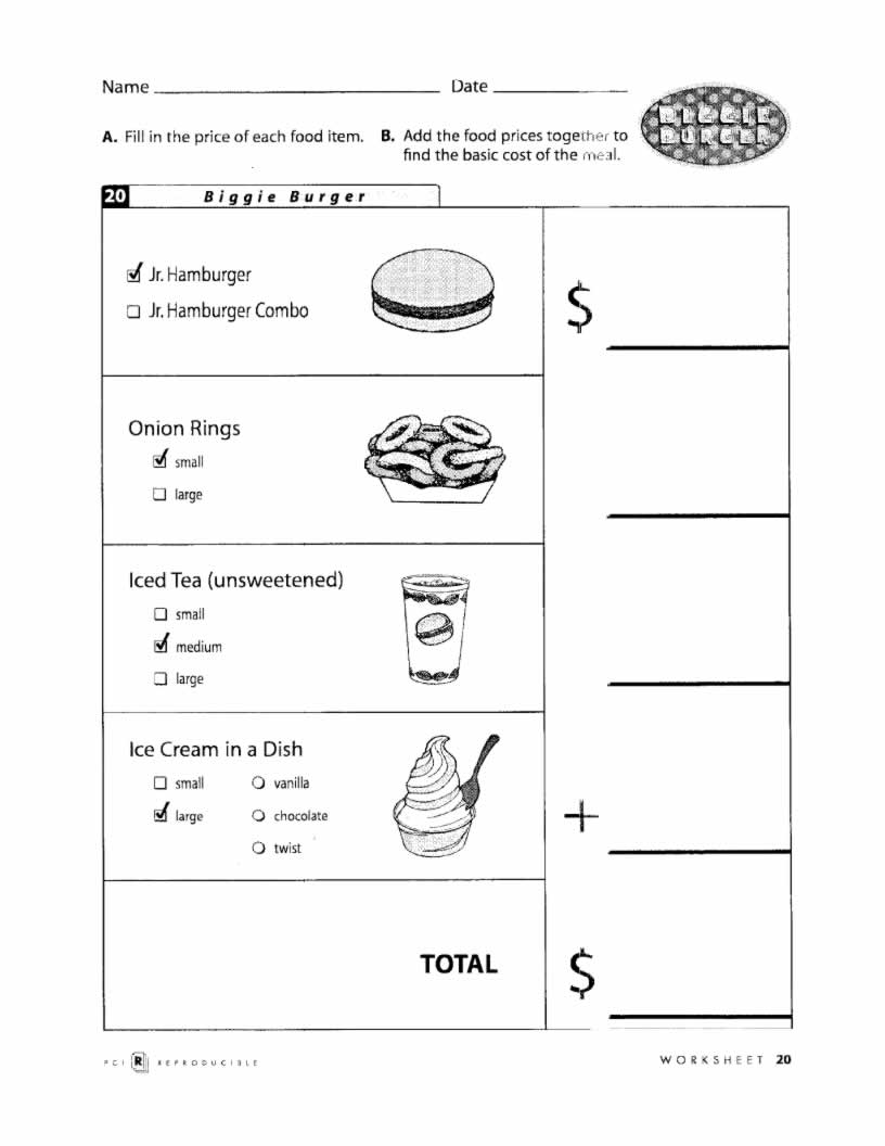 Menu Math Worksheets