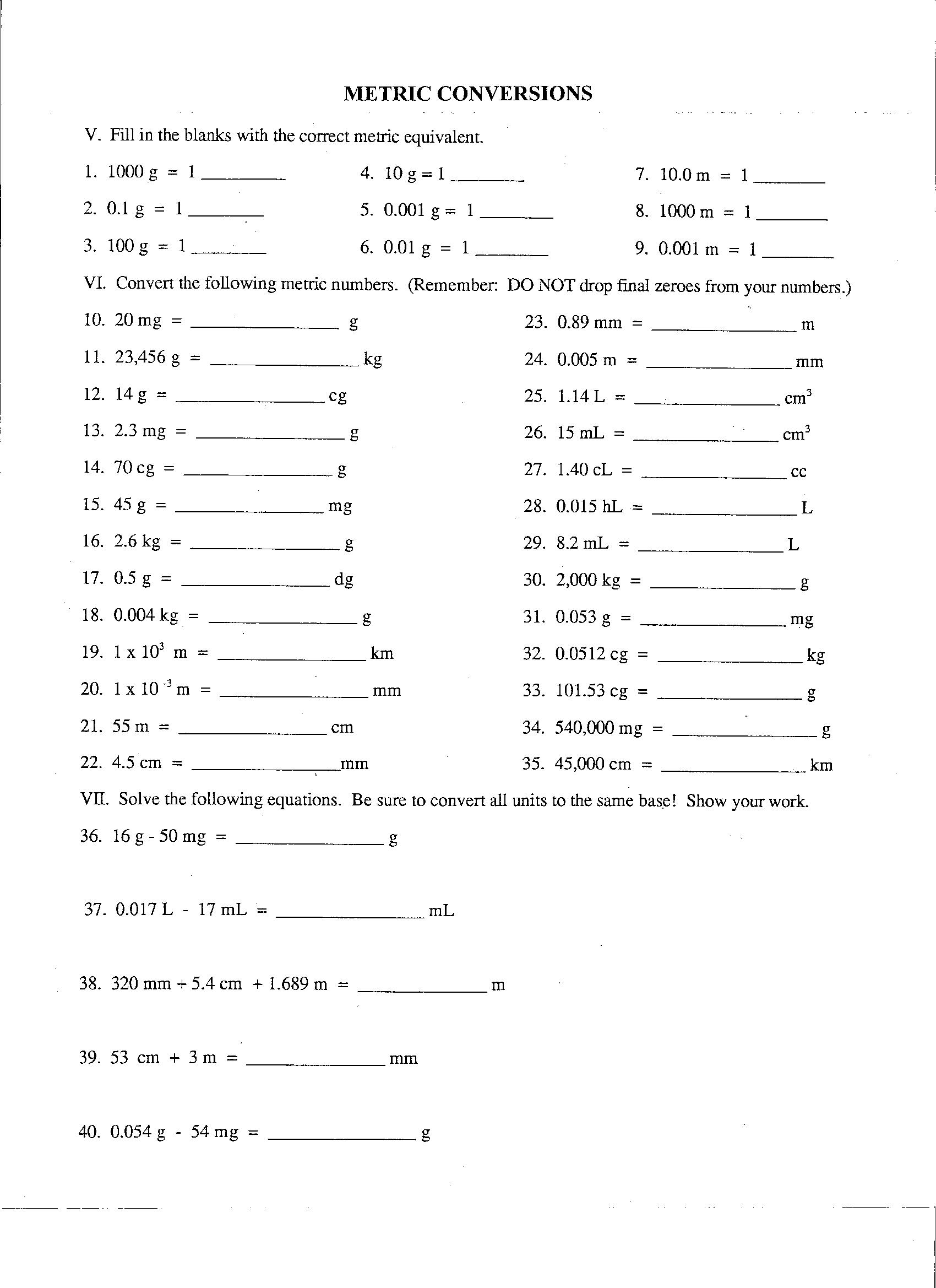 Metric Conversions Practice Worksheet