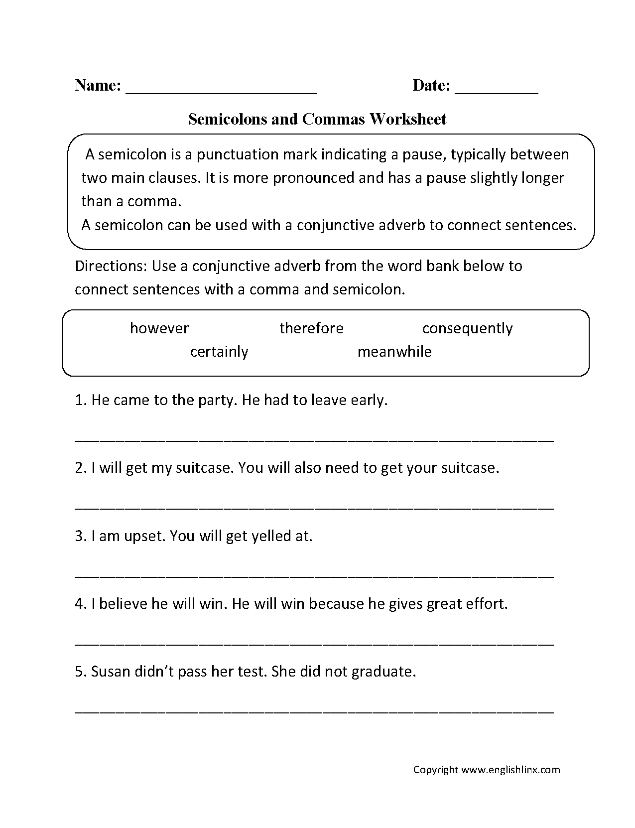 Punctuation Com Mas Semicolons and Colon S Worksheet