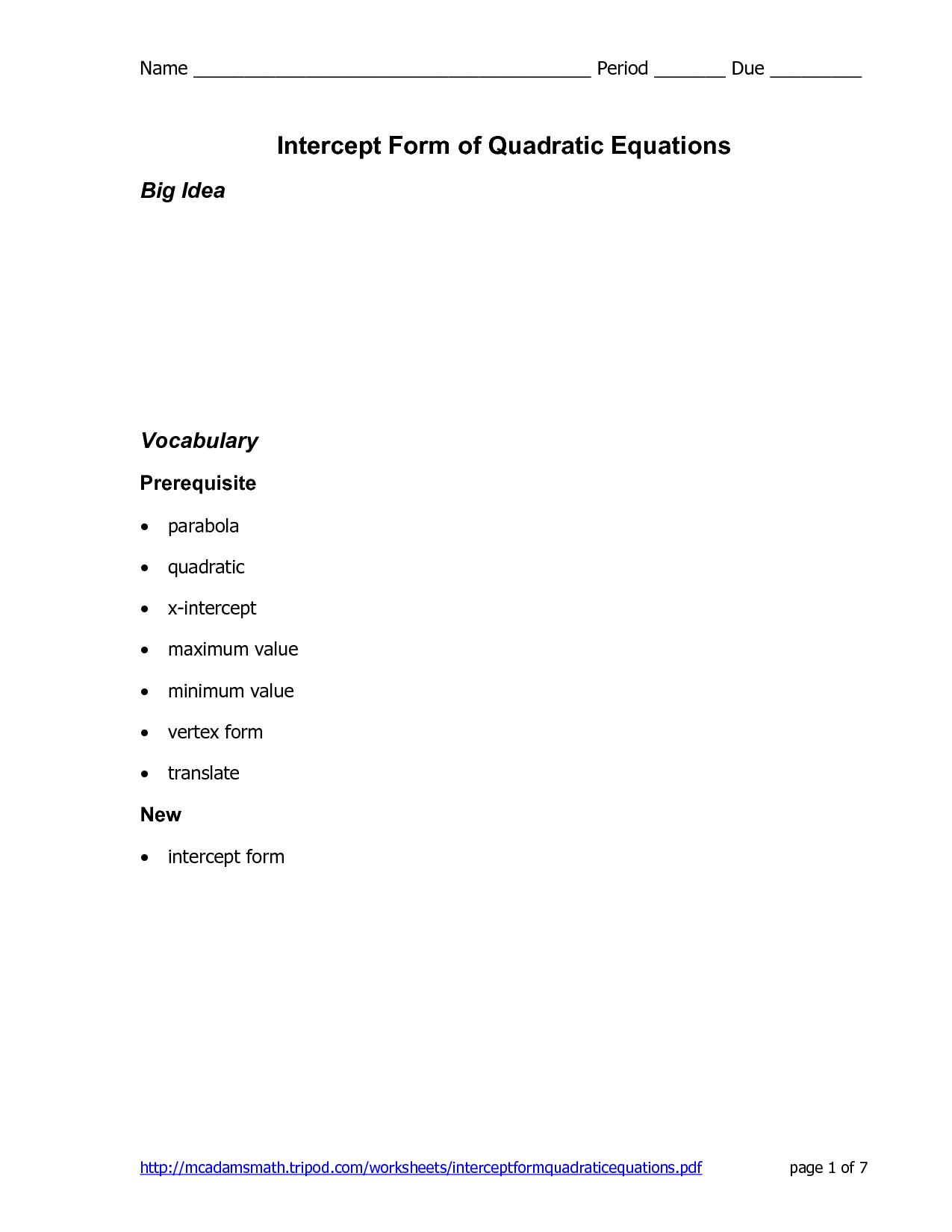 Quadratic Equations Intercept Form Worksheets