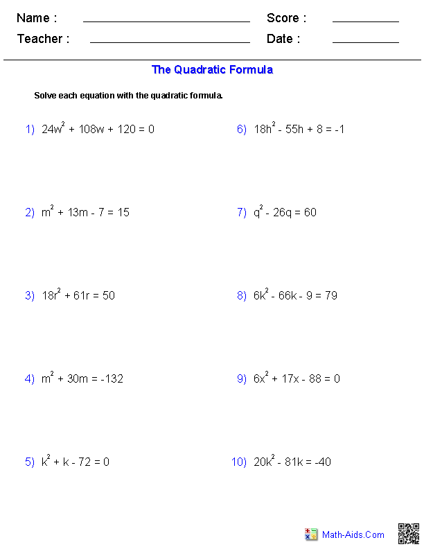 Quadratic Formula Worksheet