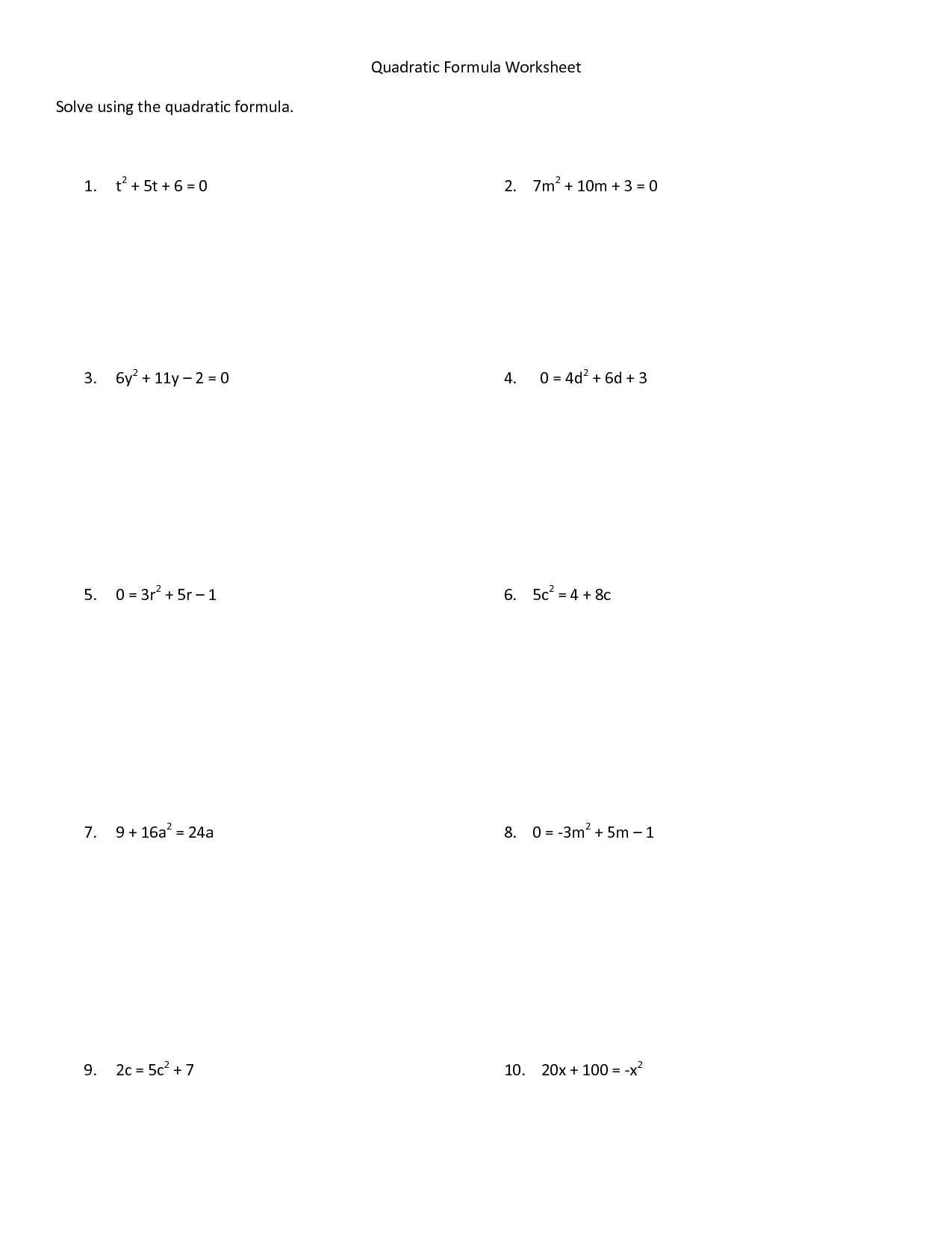 Quadratic Formula Worksheet