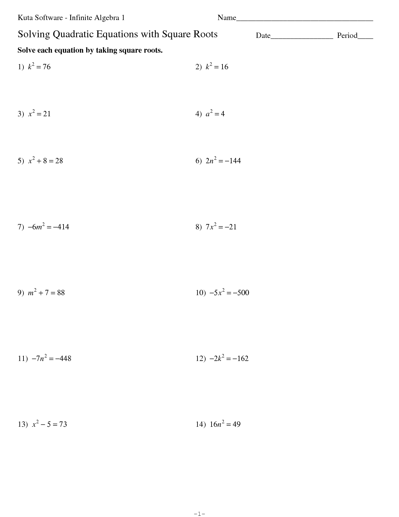 Solving Quadratic Equations by Square Roots Worksheet