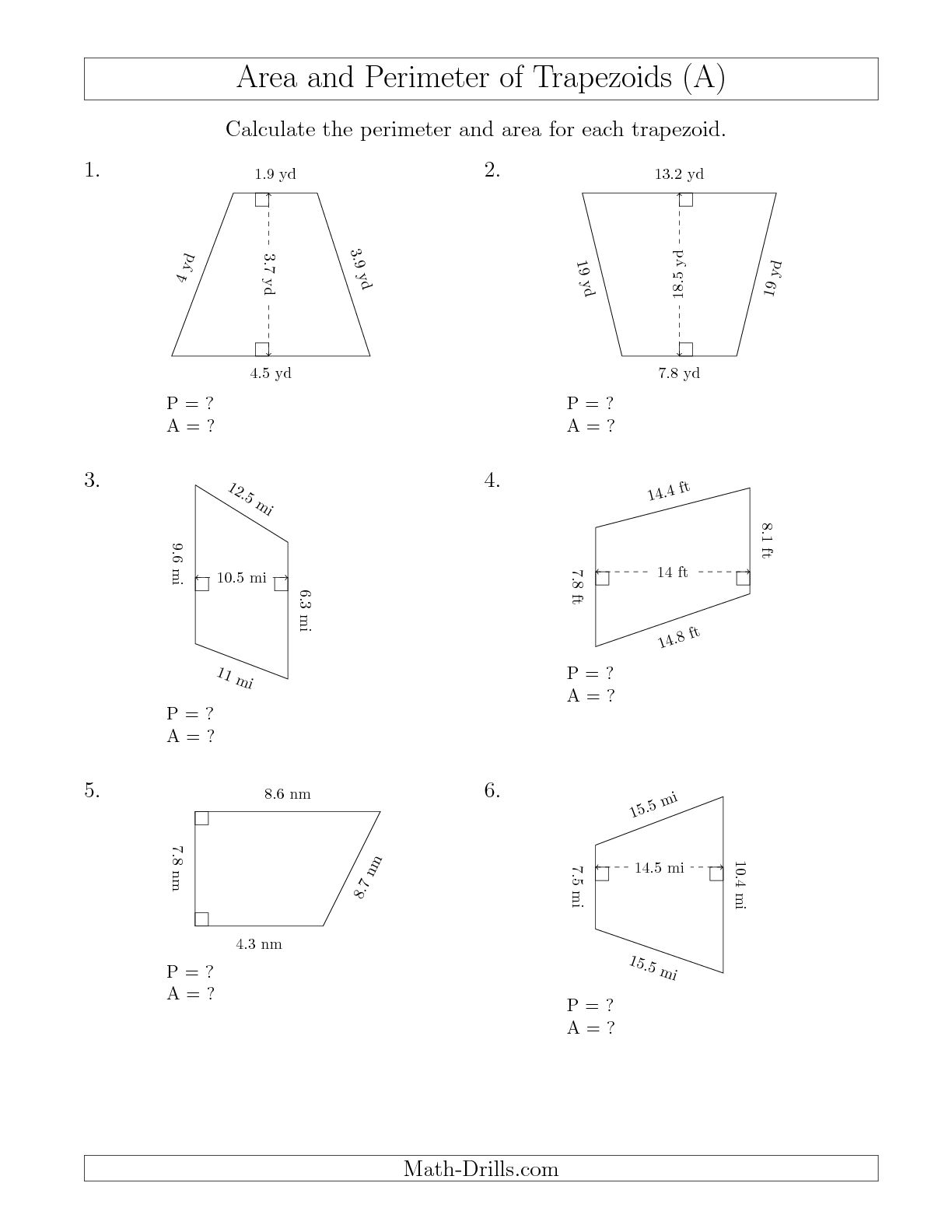 Trapezoid Area and Perimeter Worksheet