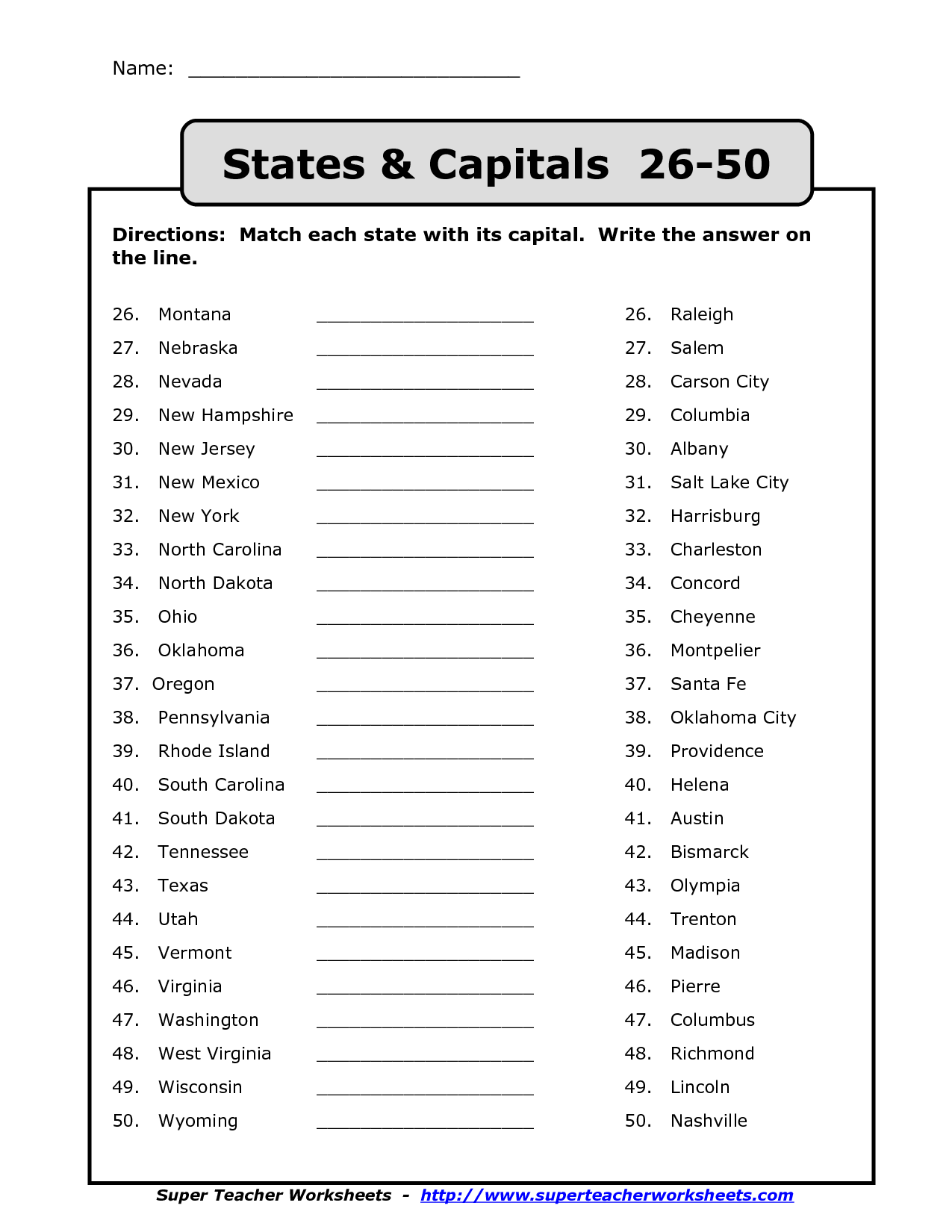 State Capitals Worksheet Printable