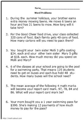 5th Grade Math Word Problems Worksheets