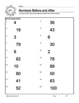 Before and After Number Worksheets