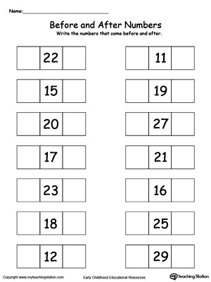 Before and After Number Worksheets