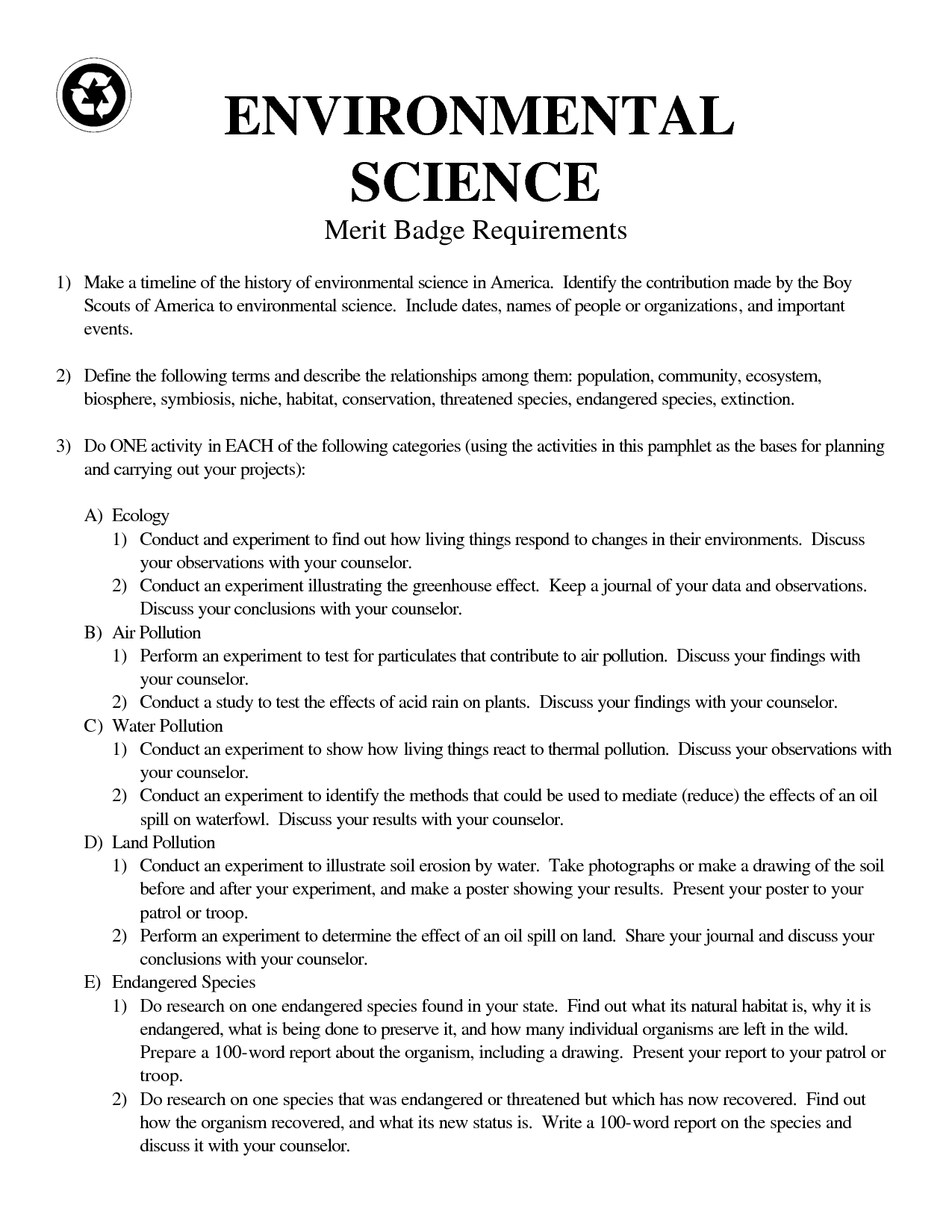 Boy Scouts Environmental Science Timeline Worksheet