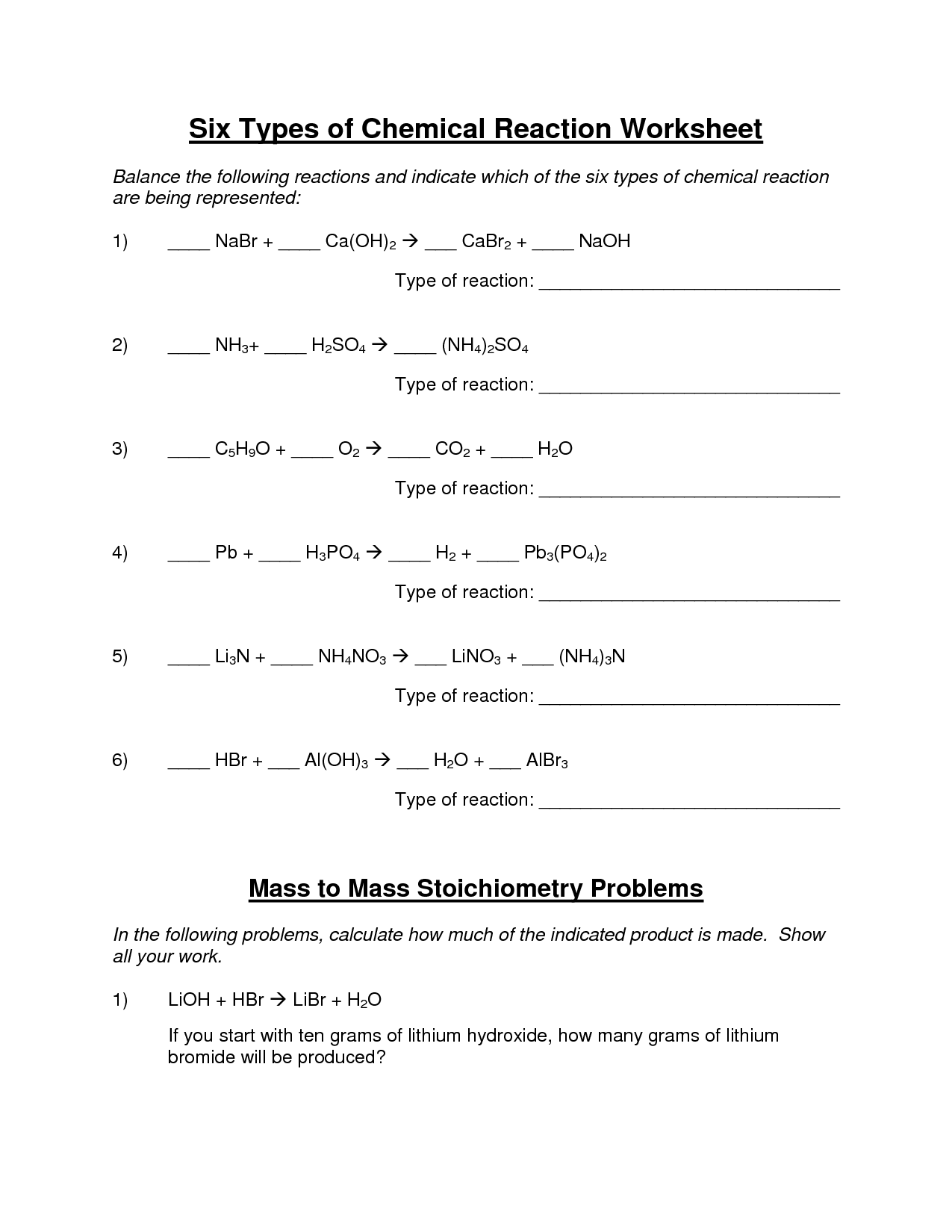 Identifying Chemical Reaction Types Worksheet Answers