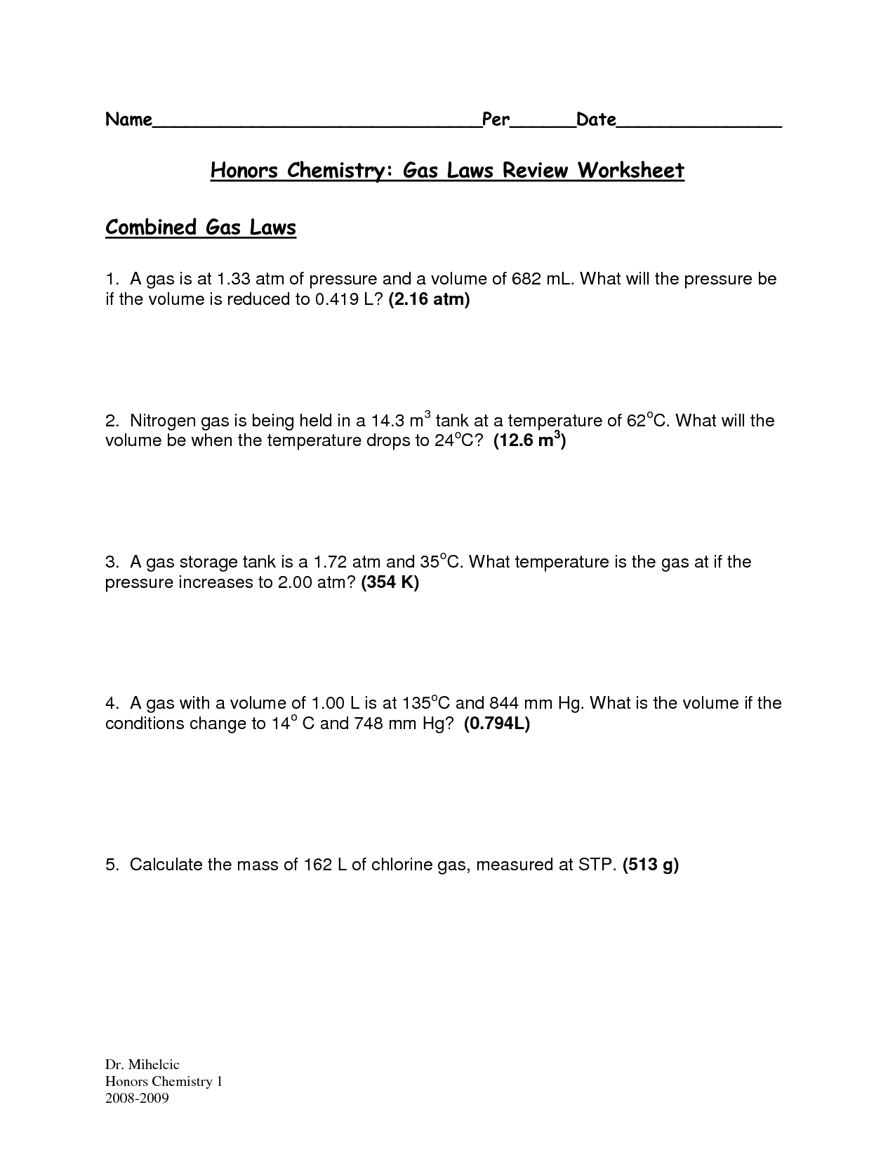 Chemistry Gas Laws Worksheet