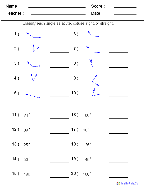 Classifying Angles Worksheet