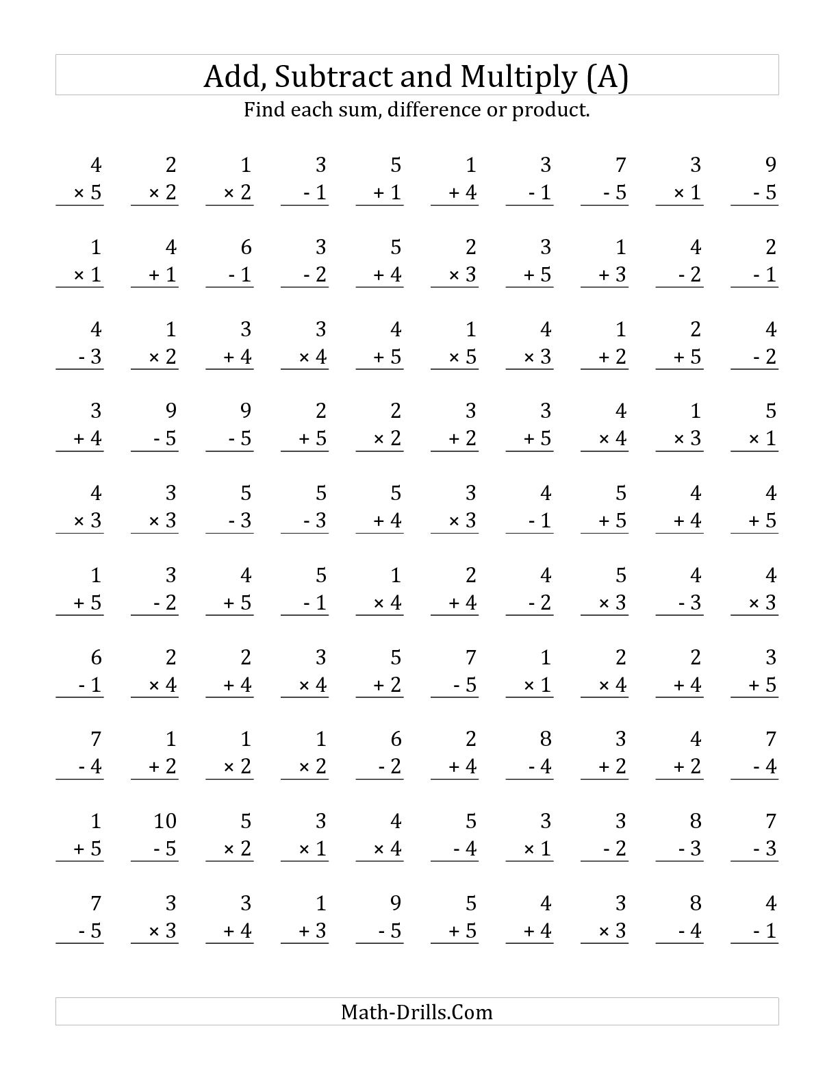 Multiplying Adding and Subtracting Worksheets