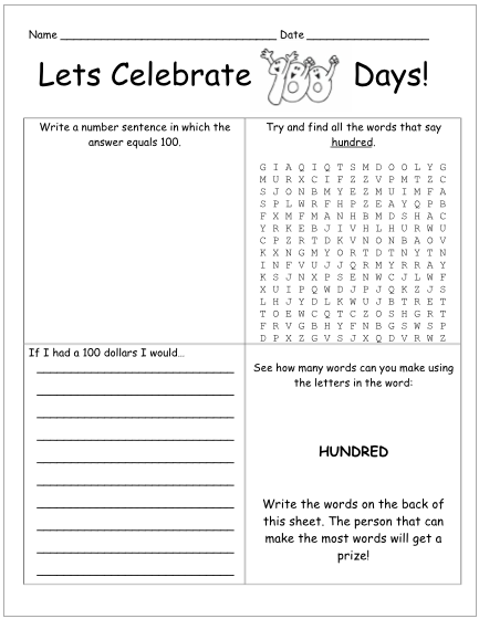 Printable 100th Day of School Activities