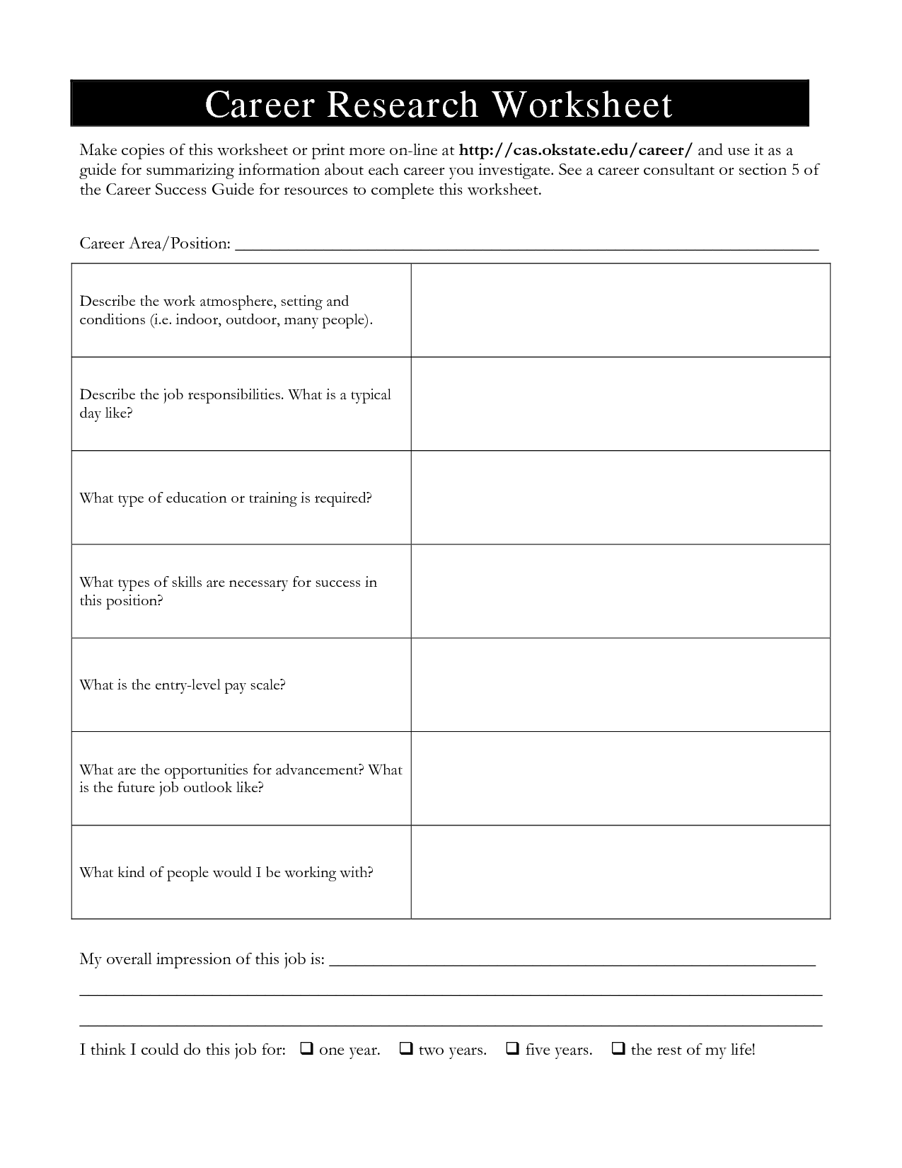 Printable Career Worksheets