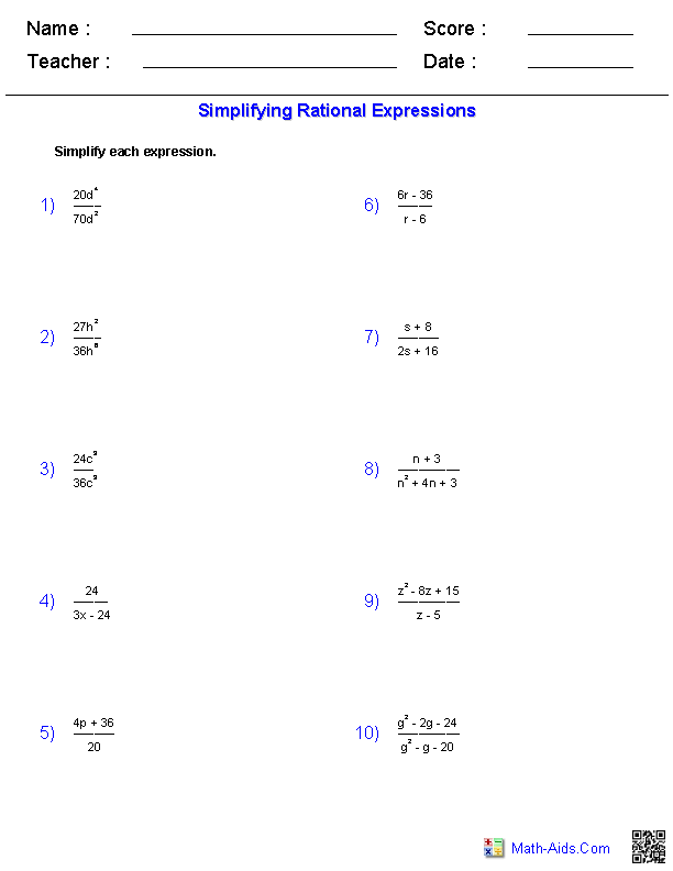 Simplifying Rational Expressions Worksheets