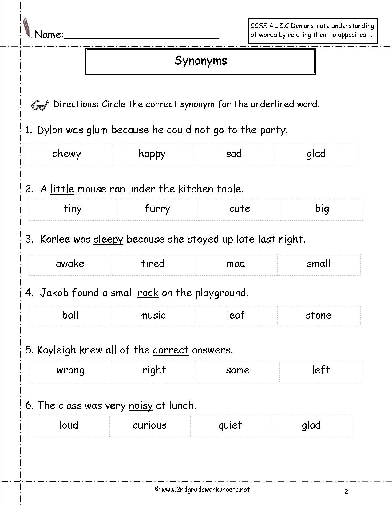 Synonym Antonym Worksheet 2nd Grade