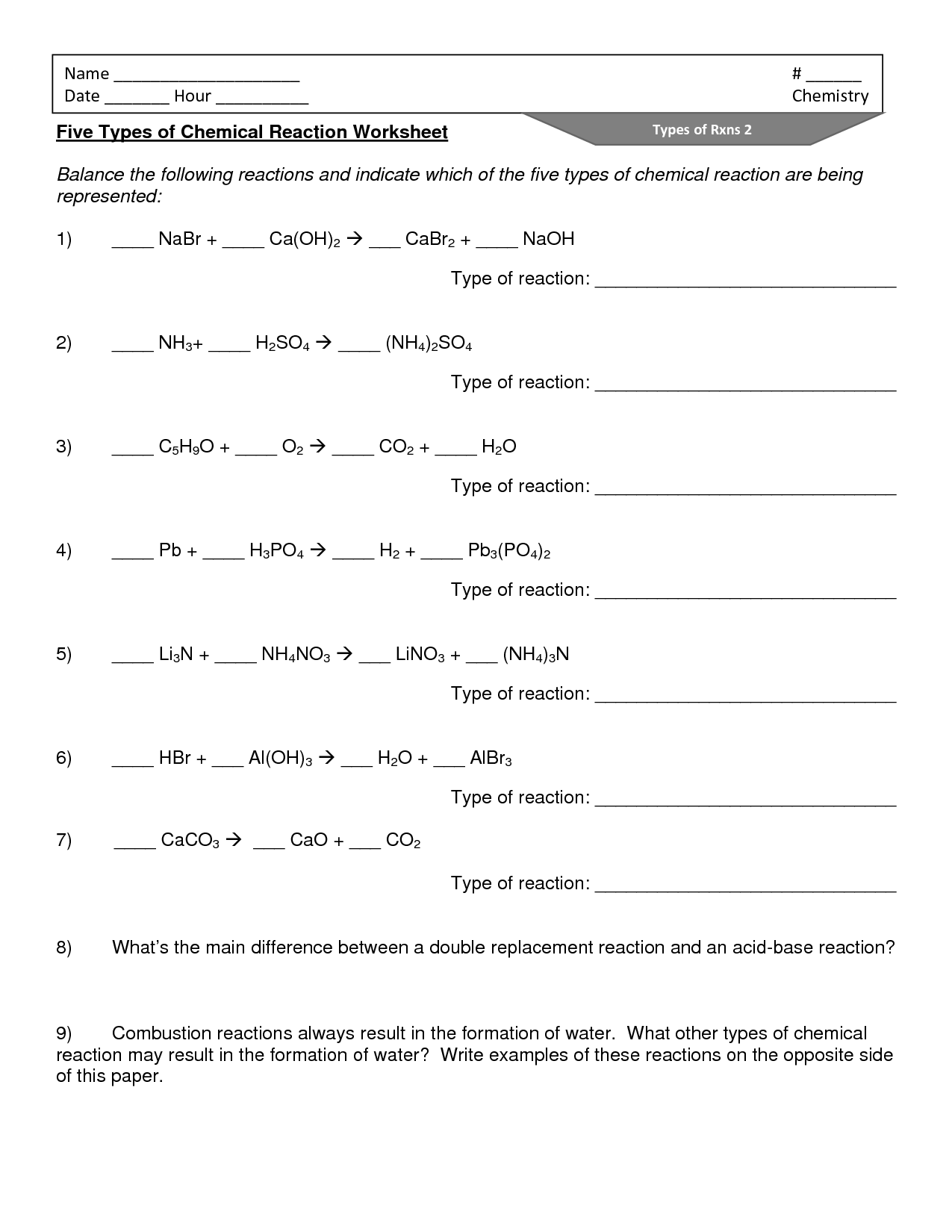 10 Types Of Reactions Worksheet Worksheeto