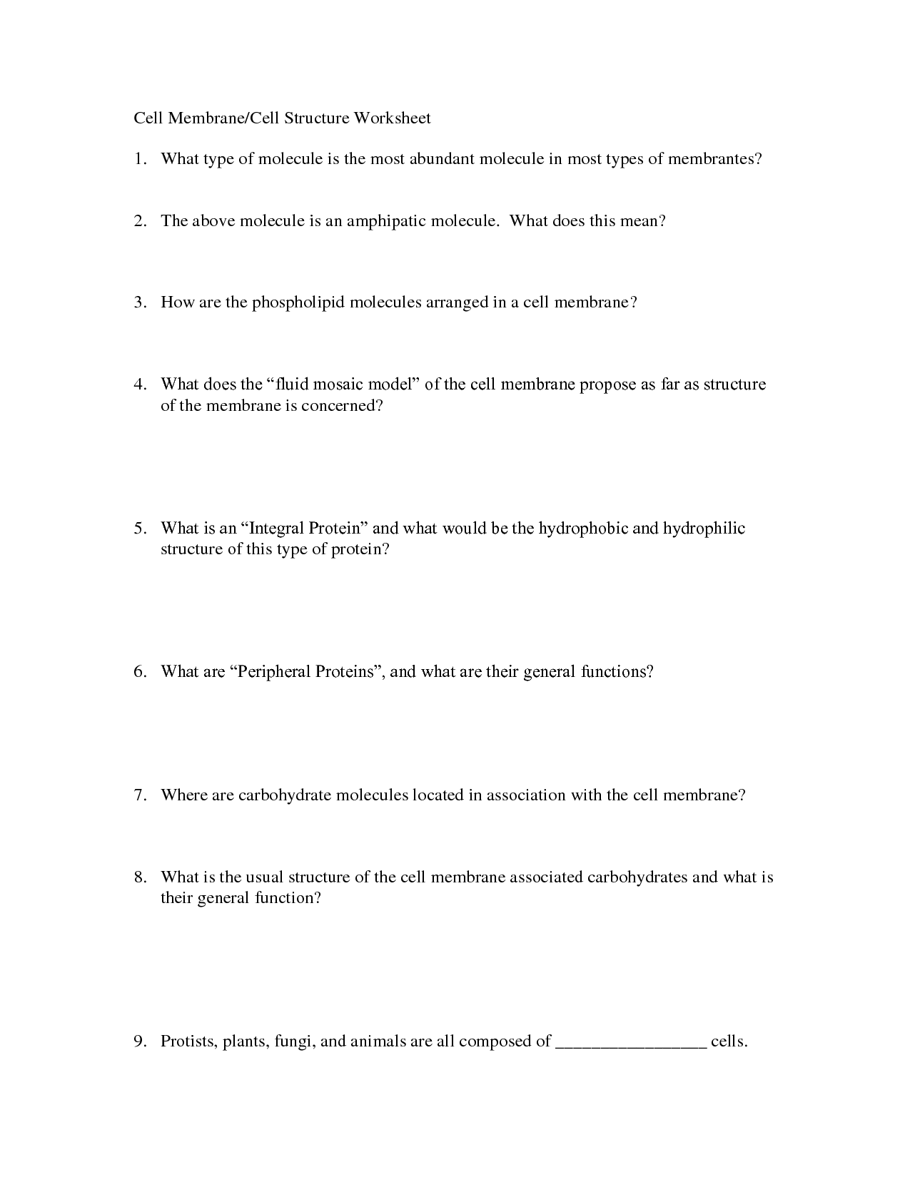 Cell Membrane Structure Worksheet Answers