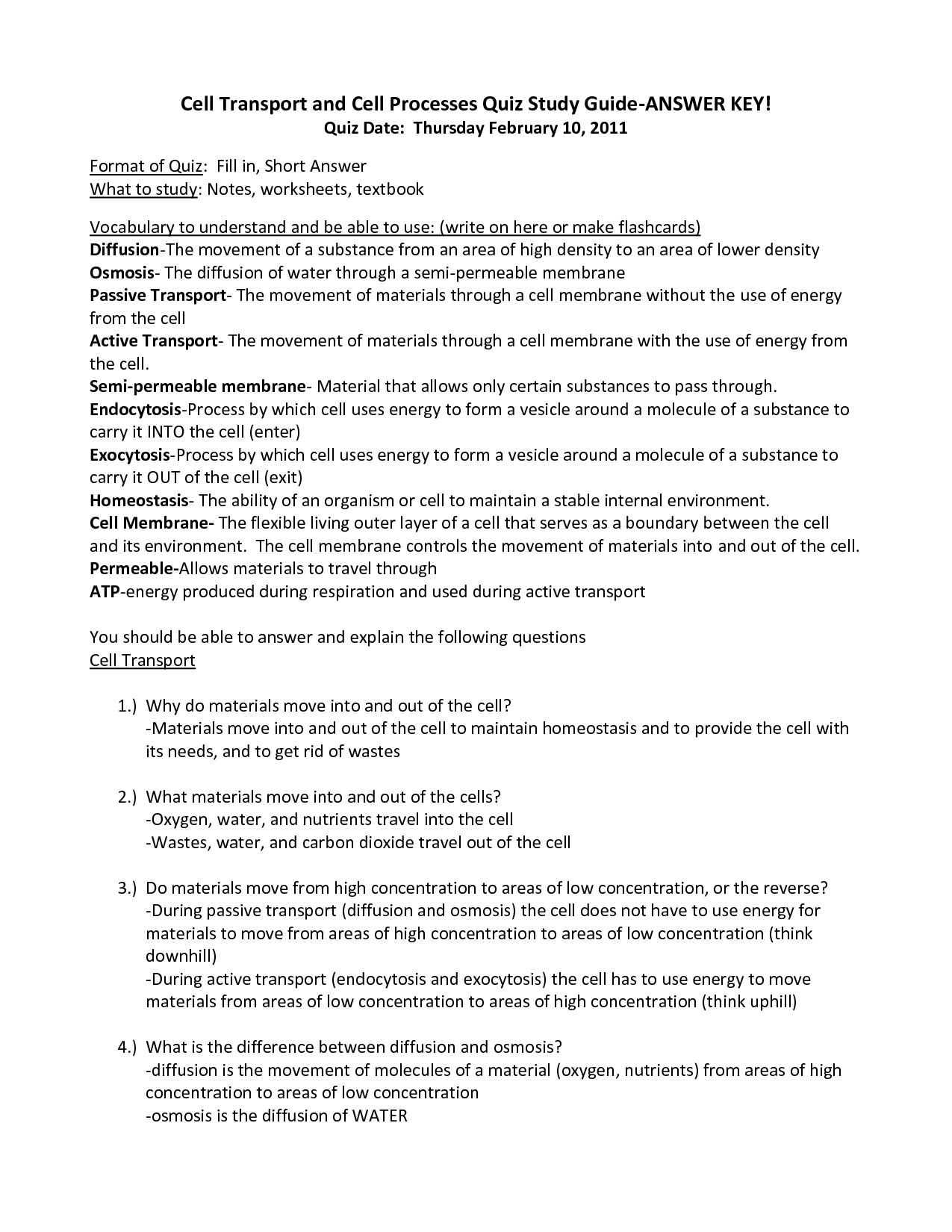 Cell Transport Worksheet Answer Key