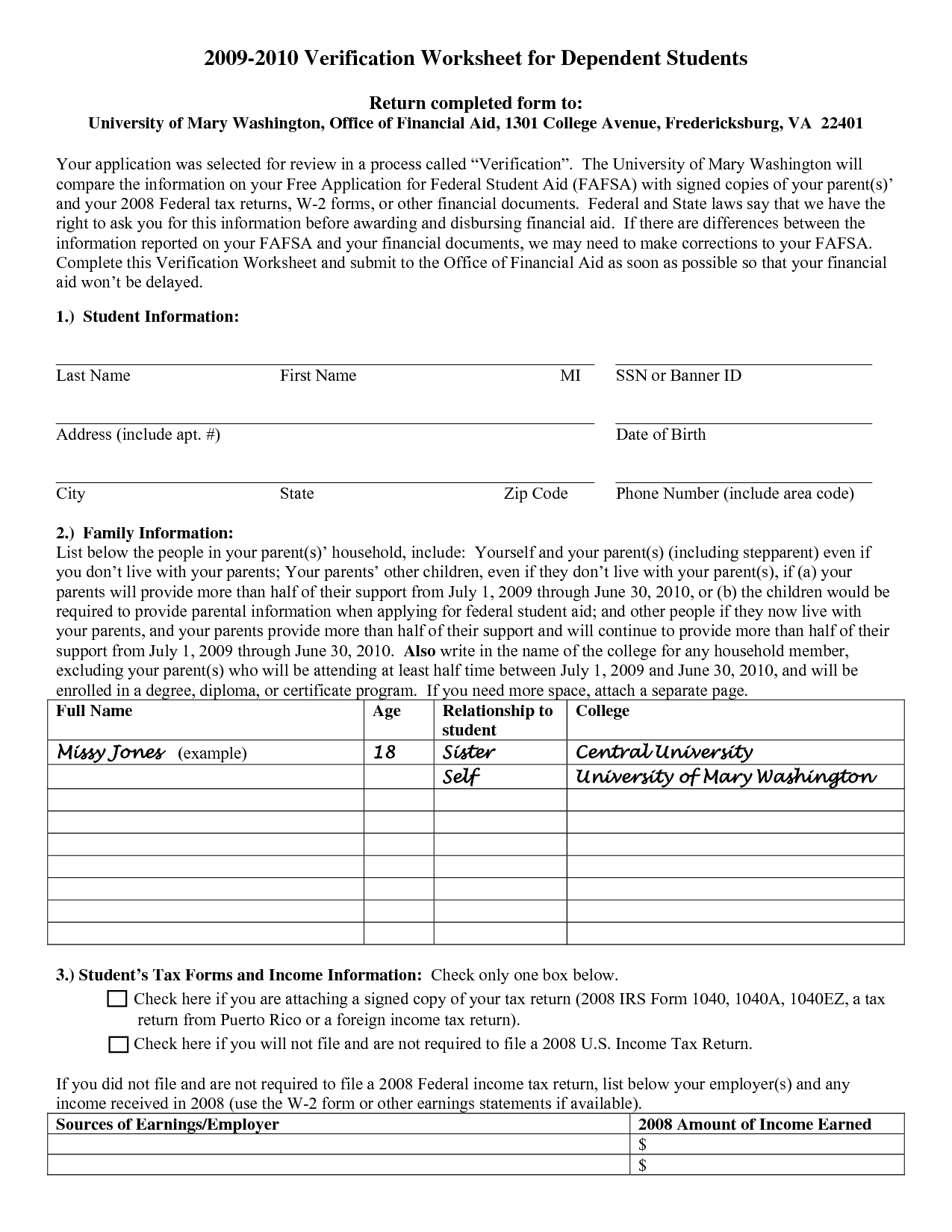 Dependent Student Verification Form