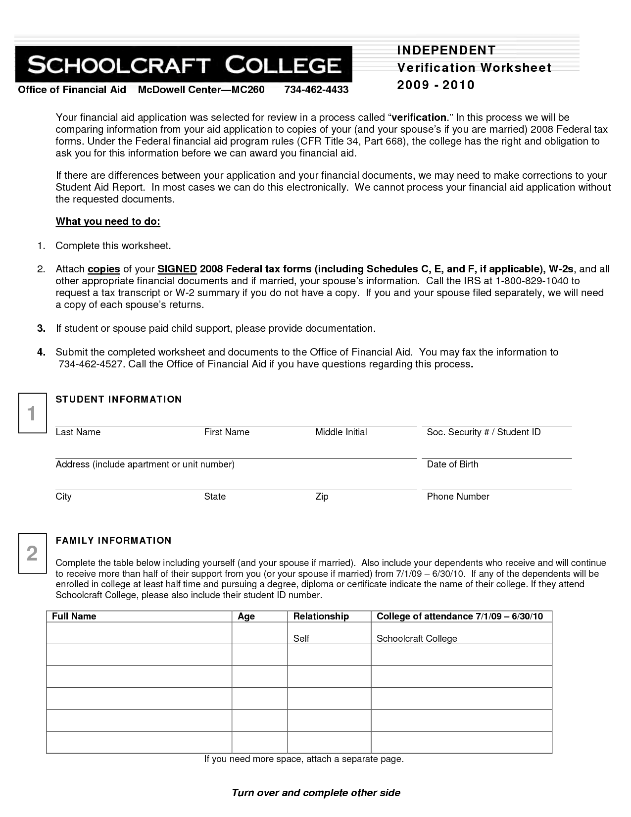 Financial Aid Independent Verification Worksheet